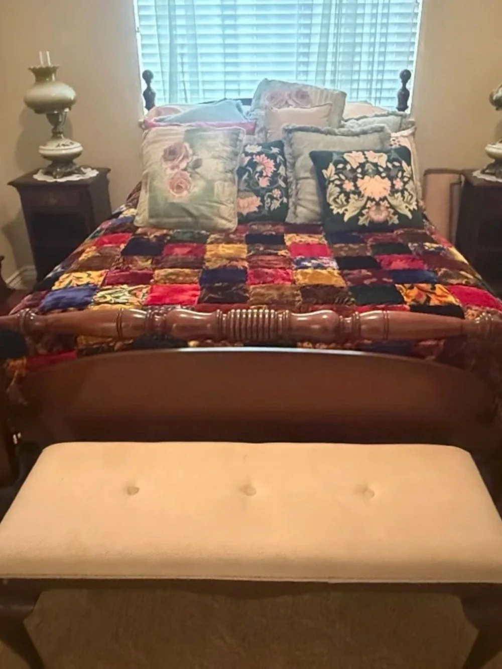 Vintage Multicolor Handmade Bubble Velvet Patchwork Bedspread Queen Size Quilt